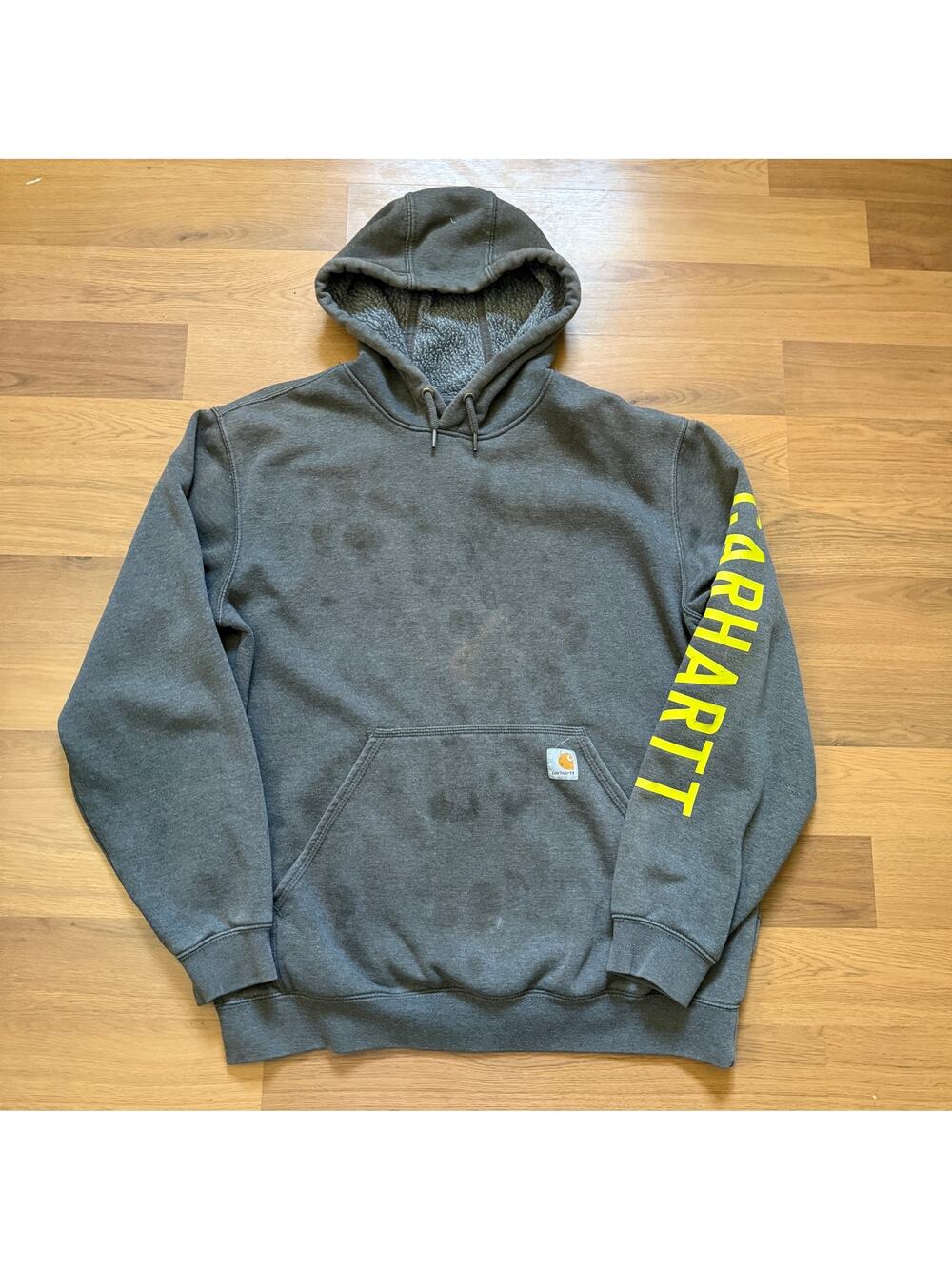 Men's Carhartt Gray Yellow Sleeve Logo Work Hoodie Pullover Sweatshirt Sz Large